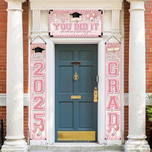 GINFTBRZGV Pink Graduation Decorations Graduation Banner Class of 2025 Congrats Grad Porch Sign Banner and You Did It Backdrop for High School College Grad Party Supplies - Image 4