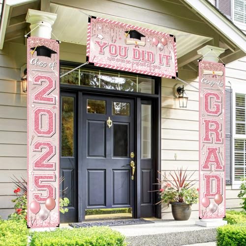 GINFTBRZGV Pink Graduation Decorations Graduation Banner Class of 2025 Congrats Grad Porch Sign Banner and You Did It Backdrop for High School College Grad Party Supplies - Image 2