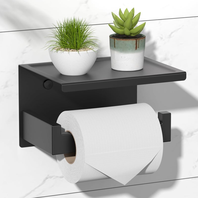 HITSLAM Toilet Paper Holder with Shelf, Stick on Matte Black Toilet Paper Roll Holder, Self Adhesive or Wall-Mount with Screws for Bathroom,Washroom - Image 1