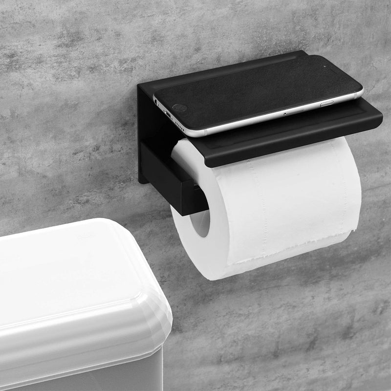 HITSLAM Toilet Paper Holder with Shelf, Stick on Matte Black Toilet Paper Roll Holder, Self Adhesive or Wall-Mount with Screws for Bathroom,Washroom - Image 4