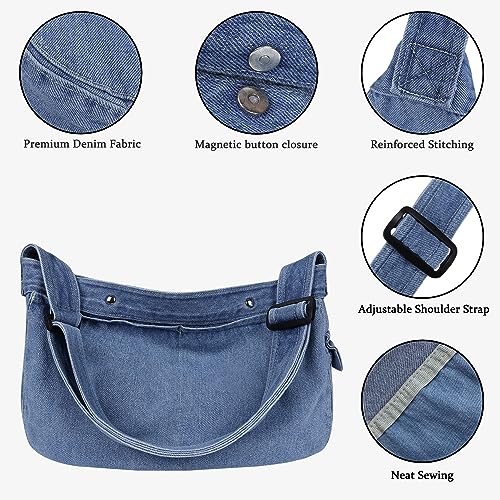 Youjaree Denim Messenger Bag Large Hobo Crossbody Bag Casual Shoulder Handbag Jean Tote Bag for Women and Men (Light Blue) - Image 2