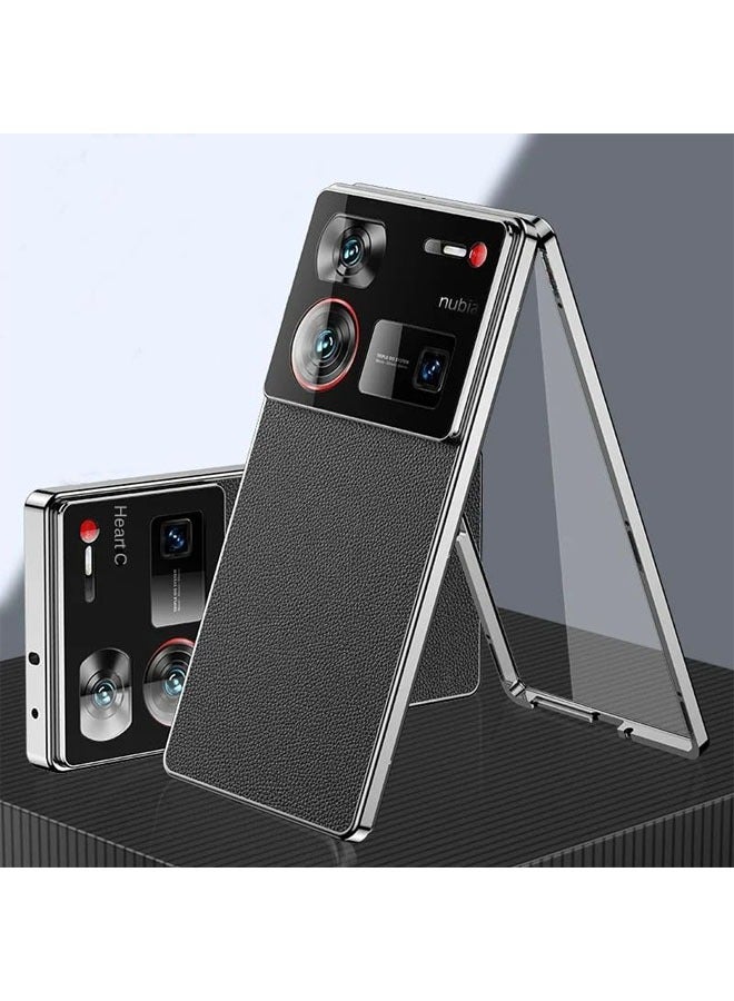 Case Compatible with ZTE Nubia Z60 Ultra,Magnetic Adsorption Lens Protector 360 Full Body Aluminum Frame Premium Leather Hybrid Tempered Glass Cover for Nubia Z60 Ultra