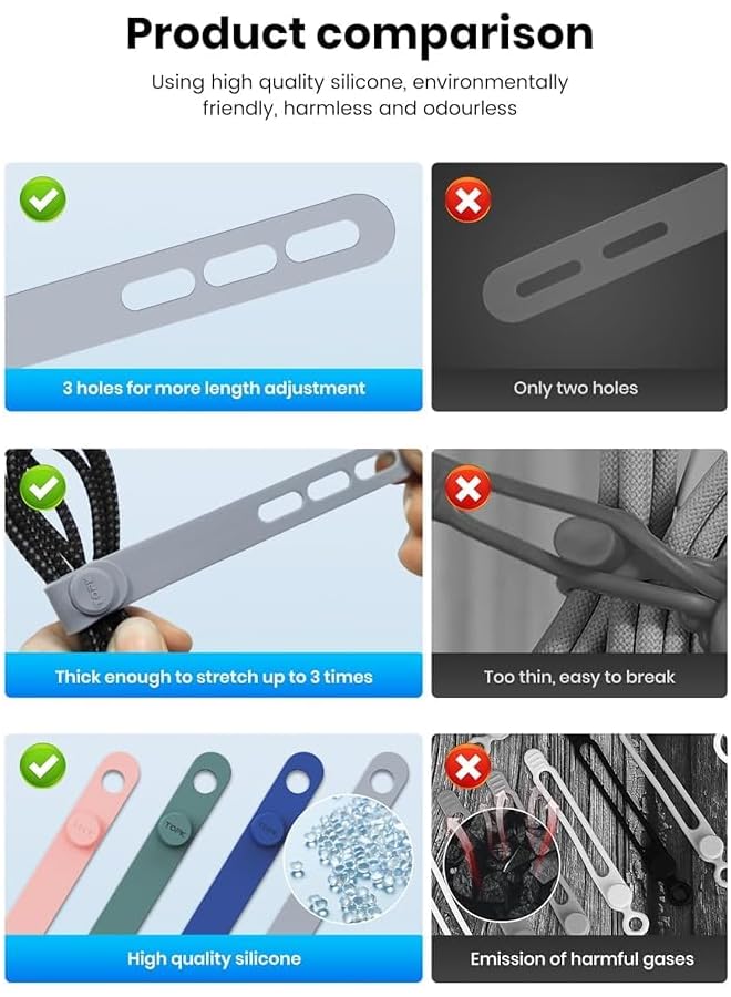 promass 20 PCS Silicone Cable Organizer, Reusable Cable Management Ties, Thick and Wide Highly Resilient Environmentally Friendly Material for Multi-Cable Management [5 colors]. - Image 2