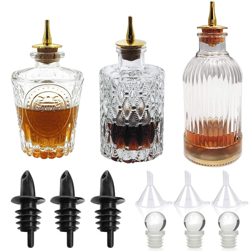 LINALL Bitters Bottle Set  Glass Vintage Bottle Decorative Bottles with Dash Top Dasher Bottles for Making Cocktail Great For Bartender Home Bar 3 pack
