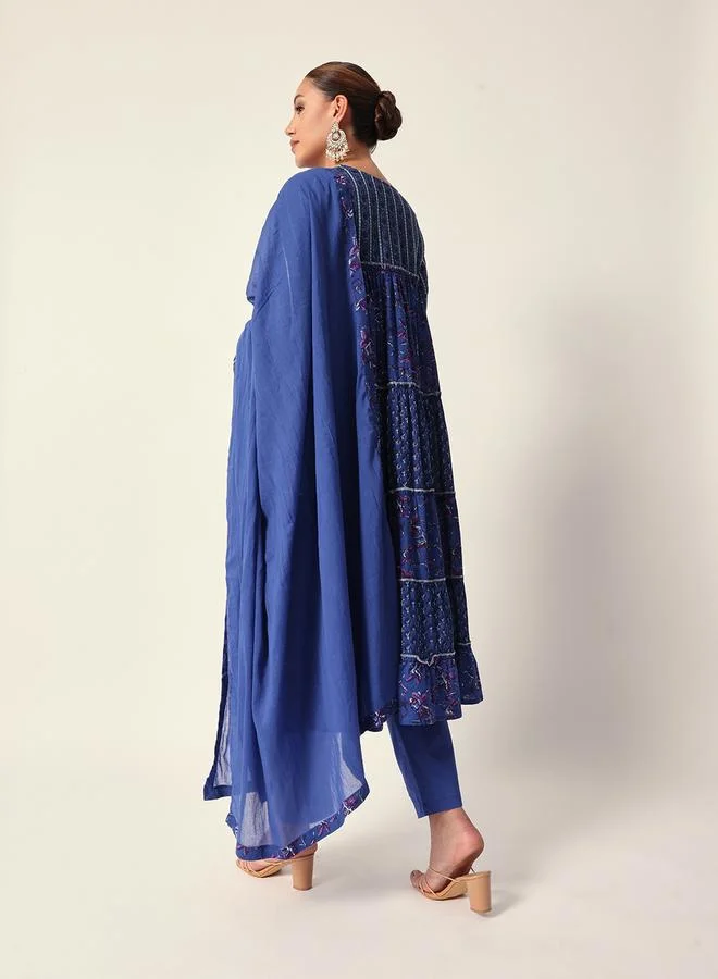 ISHIN Women's Blue Cotton Textured Tunic Full Palazzo Regular Fit Kurta Set