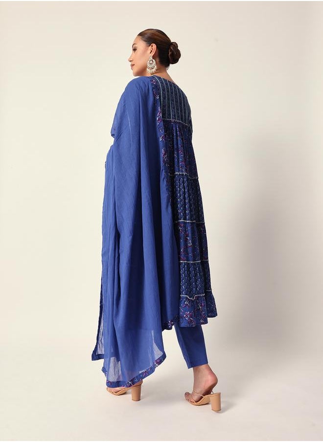ISHIN Women's Blue Cotton Textured Tunic Full Palazzo Regular Fit Kurta Set  - Image 5