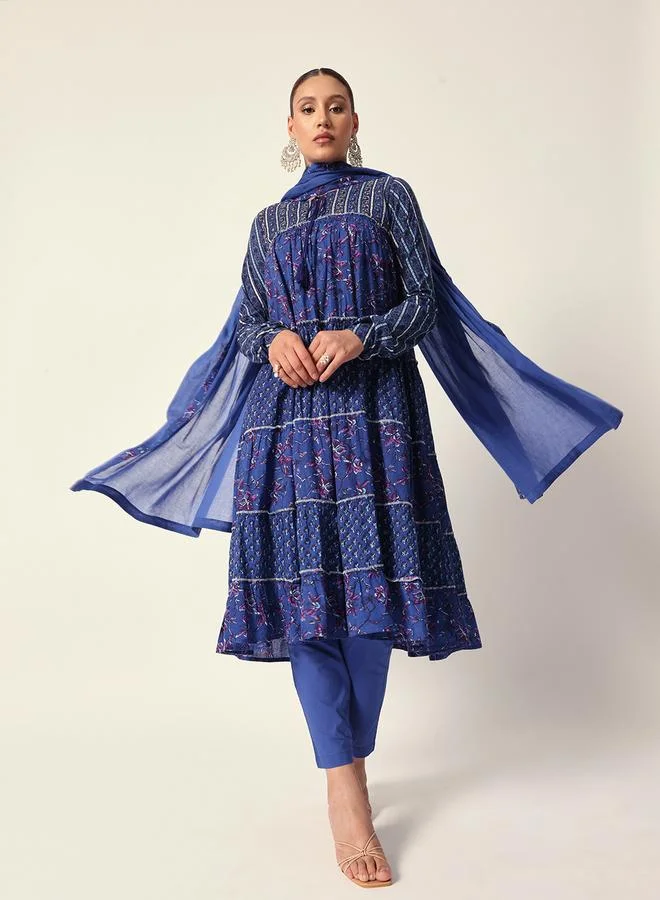 ISHIN Women's Blue Cotton Textured Tunic Full Palazzo Regular Fit Kurta Set