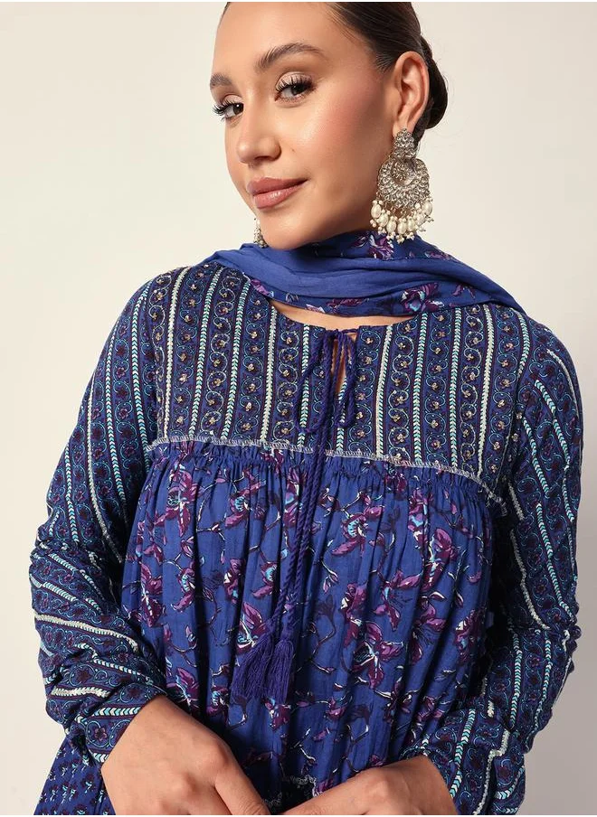 آي شين Women's Blue Cotton Textured Tunic Full Palazzo Regular Fit Kurta Set