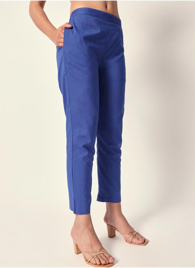 ISHIN Women's Blue Cotton Textured Tunic Full Palazzo Regular Fit Kurta Set  - Image 3