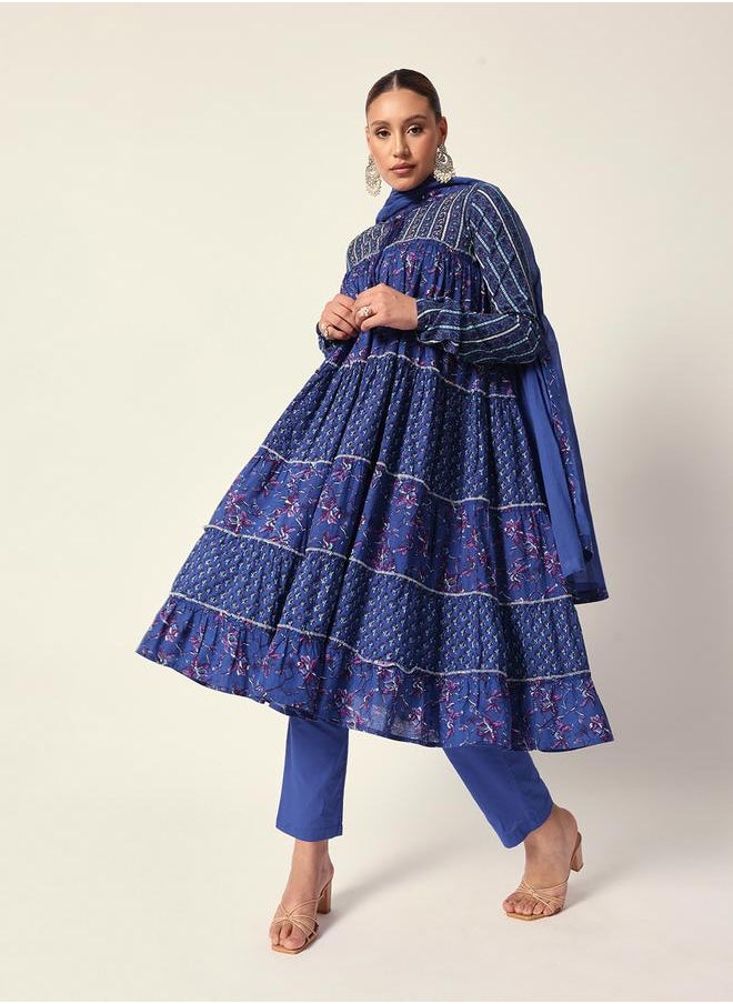 ISHIN Women's Blue Cotton Textured Tunic Full Palazzo Regular Fit Kurta Set  - Image 1