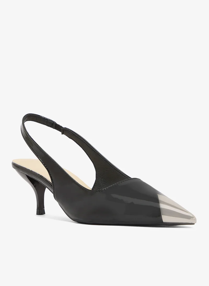ELLA Two Tone Silver Accent Pointed Toe Sling Back Mid Heel Pumps