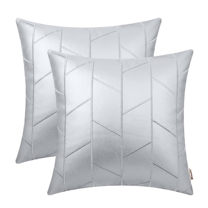 BRAWARM Faux Leather Pillow Covers 18 X 18 Inches Silver Leather Pillow Covers Pack of 2 Geometric Embroidery Leather Decorative Throw Pillows for Living Room Couch Bed Sofa Home