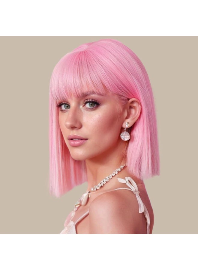 Pink Bob Wigs with Bangs, 30 cm Short Straight Bob Wigs, Natural Looking Heat Resistant Wig, Synthetic Hair Shoulder Length Wig, Colorful Cosplay Daily Party Wig for Women Girls - Image 1