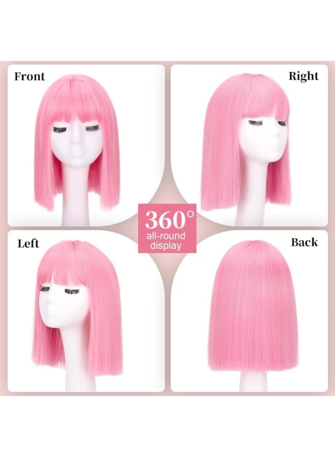 Pink Bob Wigs with Bangs, 30 cm Short Straight Bob Wigs, Natural Looking Heat Resistant Wig, Synthetic Hair Shoulder Length Wig, Colorful Cosplay Daily Party Wig for Women Girls - Image 2