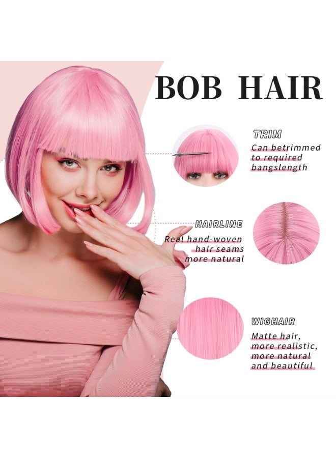Pink Bob Wigs with Bangs, 30 cm Short Straight Bob Wigs, Natural Looking Heat Resistant Wig, Synthetic Hair Shoulder Length Wig, Colorful Cosplay Daily Party Wig for Women Girls - Image 3