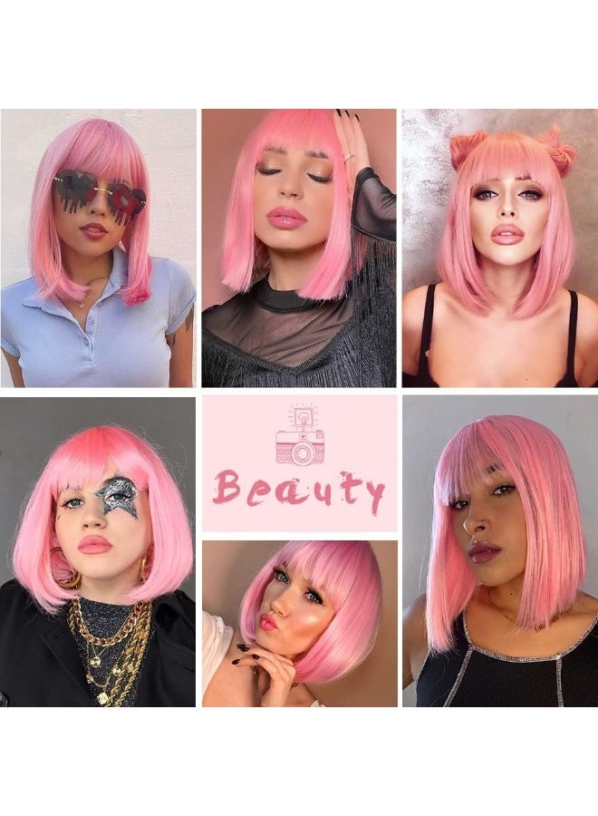 Pink Bob Wigs with Bangs, 30 cm Short Straight Bob Wigs, Natural Looking Heat Resistant Wig, Synthetic Hair Shoulder Length Wig, Colorful Cosplay Daily Party Wig for Women Girls - Image 5