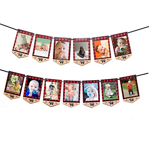 BCHOCKS Lumberjack First Birthday Photo Banner Baby Monthly Photo Prop Buffalo Plaid Camping Bunting Garland Woodland Party Decor - Image 1