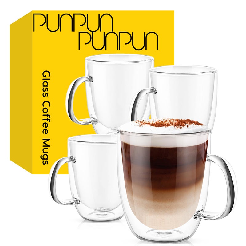 PunPun 17OZ 500ml Clear Coffee Mugs Glass for Coffee Double Wall Insulated Glass Mugs with Big Handle Every Day for Americano Latte Cappuccinos and BeverageSet of 4