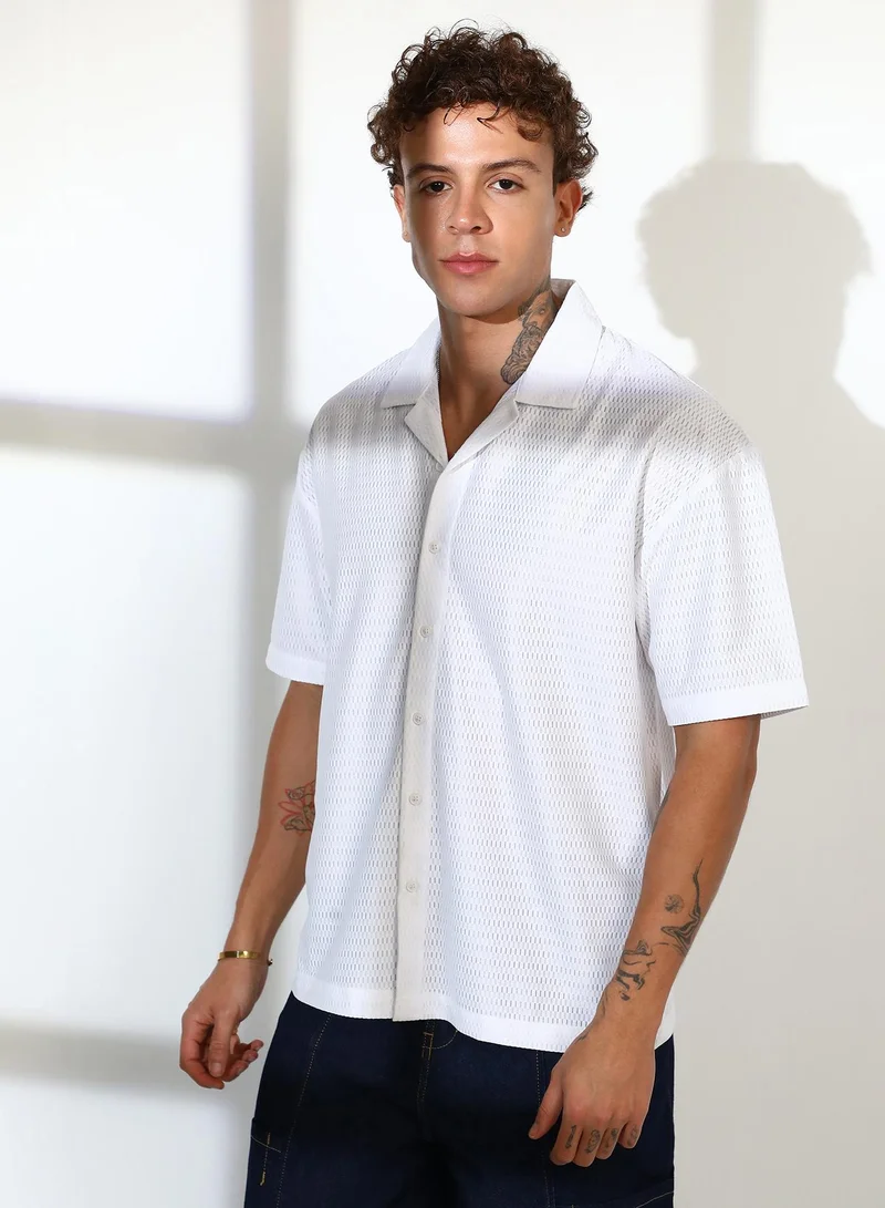 Campus Sutra Men's Chalk White Oversized Honeycomb Shirt