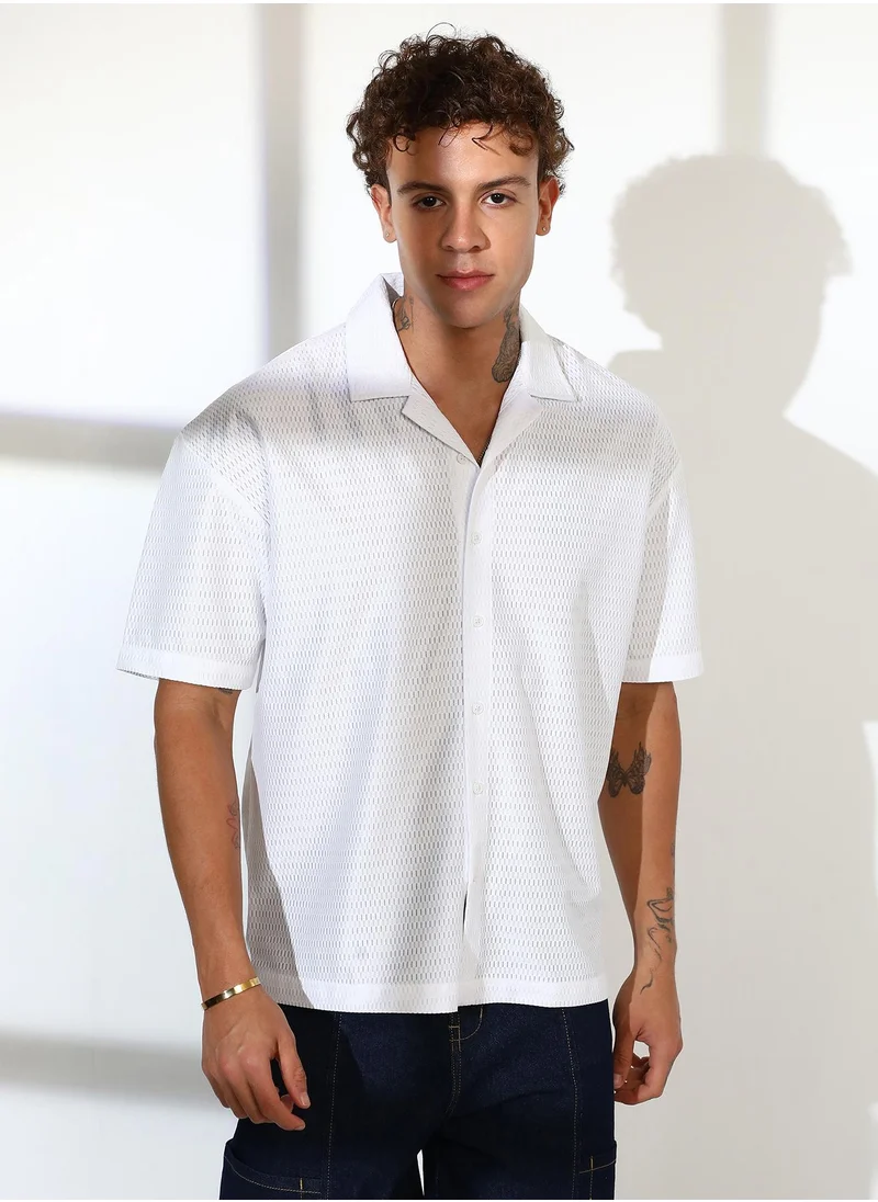 Campus Sutra Men's Chalk White Oversized Honeycomb Shirt