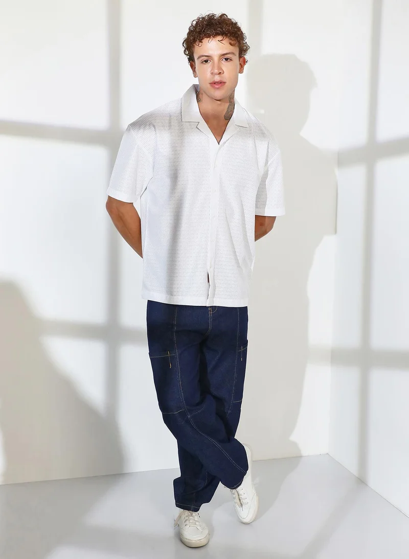 Campus Sutra Men's Chalk White Oversized Honeycomb Shirt