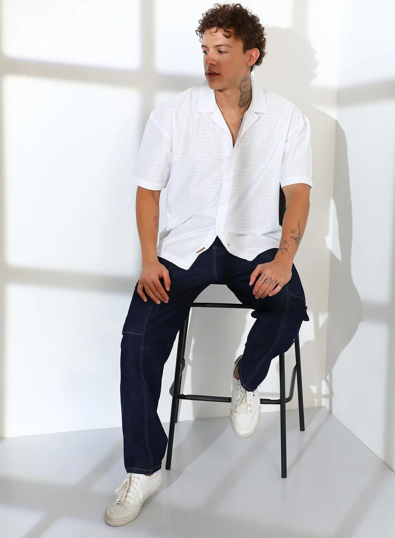 Campus Sutra Men's Chalk White Oversized Honeycomb Shirt