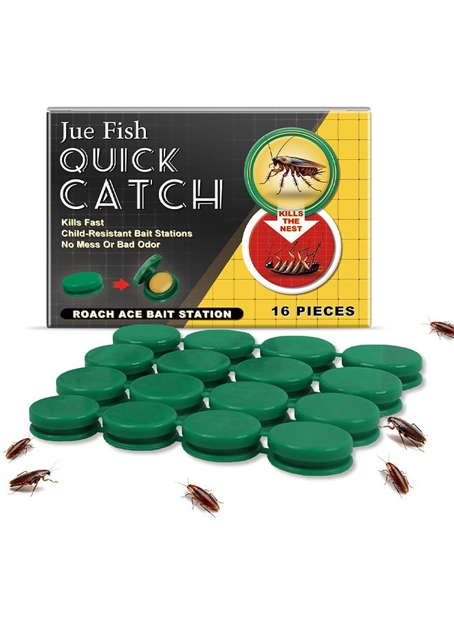 JUE FISH Quick Catch Roach Ace Bait Station, Quick Acting Cockroach Killer Bait Traps, Child-Resistant Stations, Odorless No Mess Nest Destroying Cockroach Control for Home Kitchen Bathroom 16 Pieces - Image 1