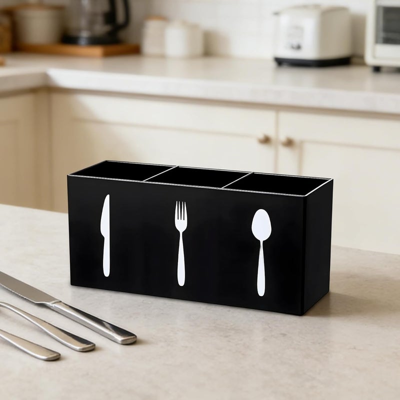 Black 2 Pcs Silverware Caddy, 3-Section Cutlery Storage Organizer With Icon, 7.8 In Acrylic Utensil Holder For Kitchen, Knife Fork Spoon Holder - Image 4