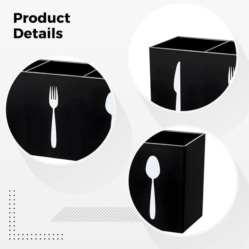 Black 2 Pcs Silverware Caddy, 3-Section Cutlery Storage Organizer With Icon, 7.8 In Acrylic Utensil Holder For Kitchen, Knife Fork Spoon Holder - Image 5