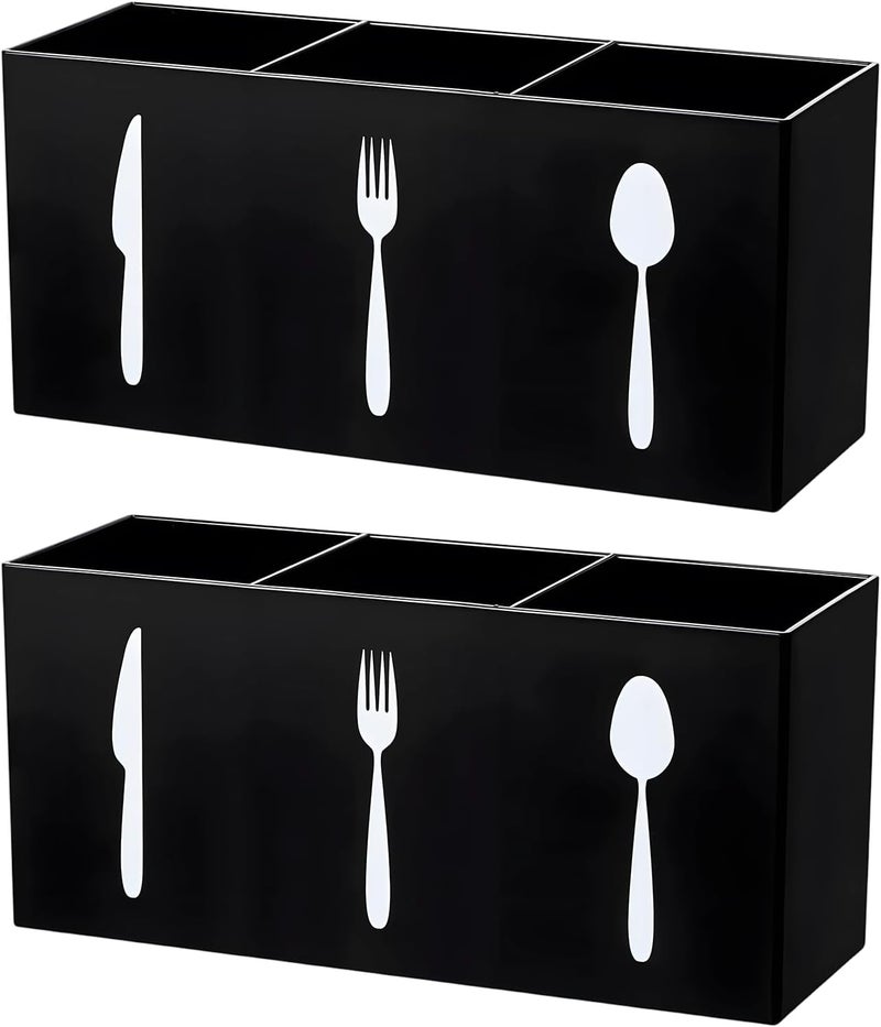 Black 2 Pcs Silverware Caddy, 3-Section Cutlery Storage Organizer With Icon, 7.8 In Acrylic Utensil Holder For Kitchen, Knife Fork Spoon Holder - Image 1