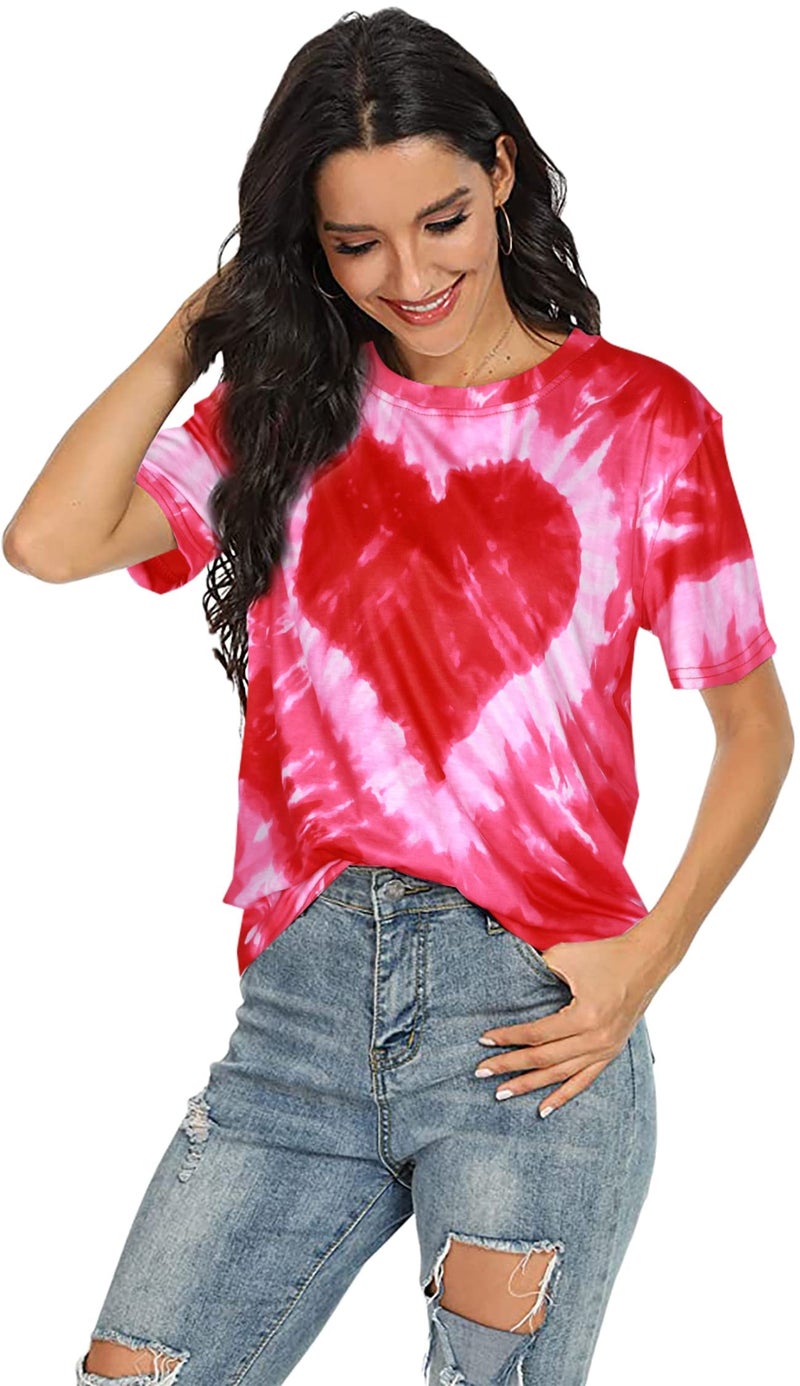 FASHGL Valentines Shirts for Women Tie Dye Heart T Shirt Valentine's Tee Shirt Casual Lover Short Sleeve Tops Pink - Image 2