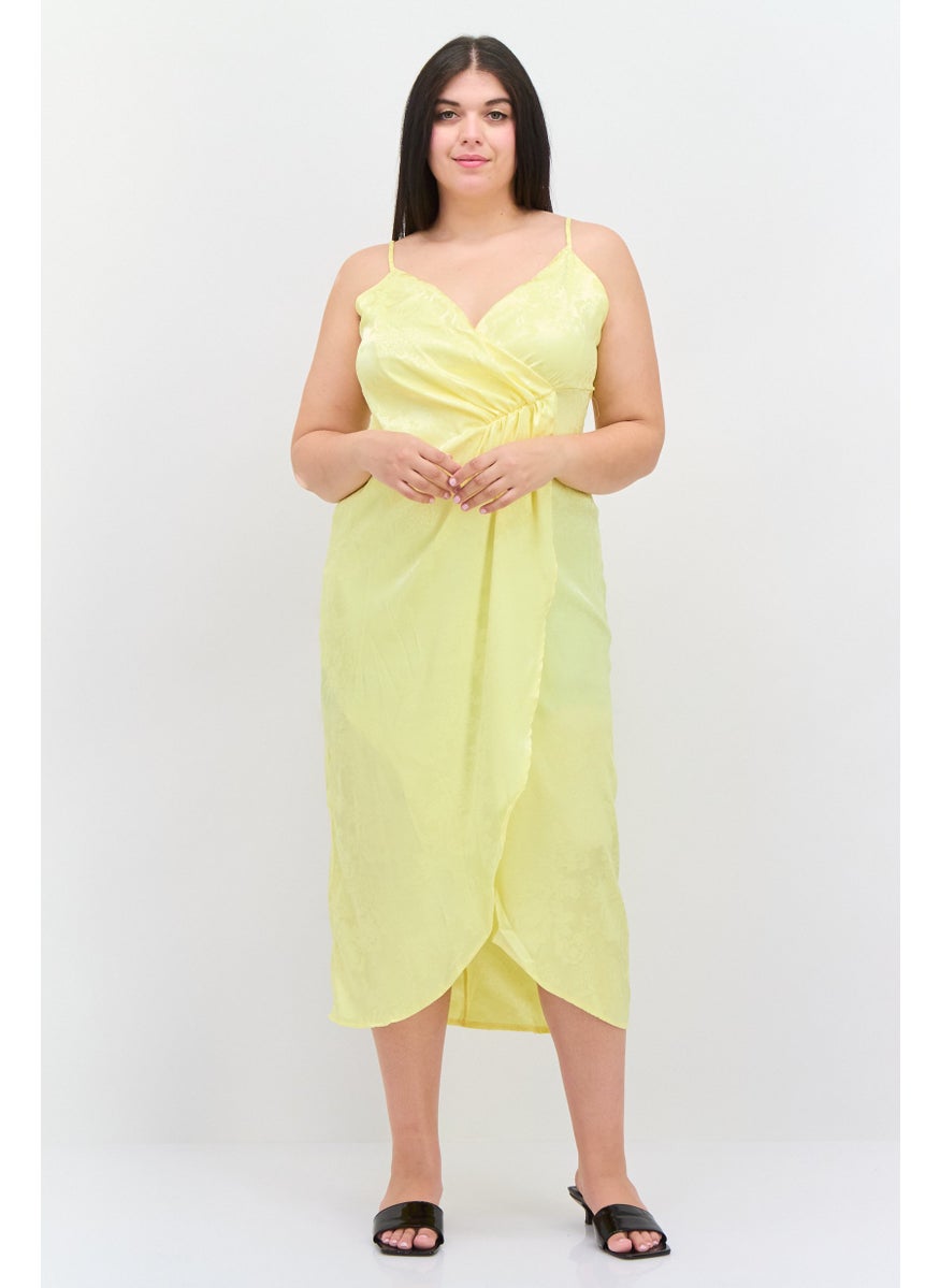 Flounce London - Women Plus Size Floral Pattern Midi Dress, Yellow - Image 1