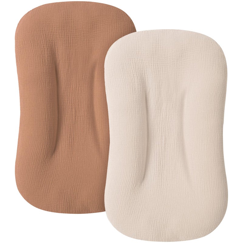 MairMore Muslin Baby Cover for Newborn, Soft and Breathable 100% Cotton Lounger Slipcover Neutral, Pack of 2(Caramel) - Image 1