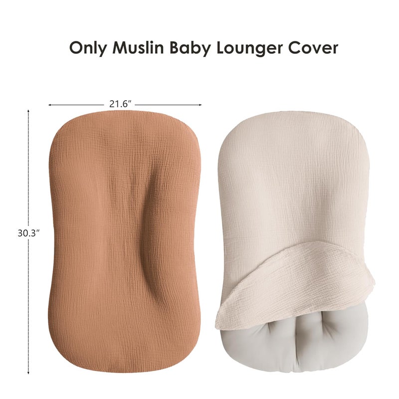 MairMore Muslin Baby Cover for Newborn, Soft and Breathable 100% Cotton Lounger Slipcover Neutral, Pack of 2(Caramel) - Image 4