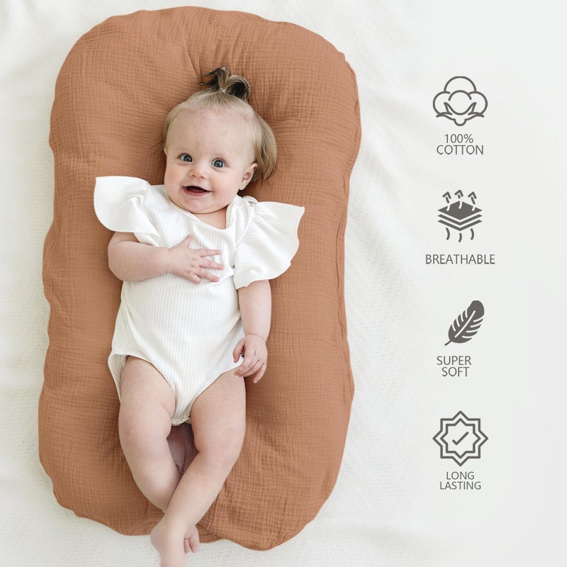 MairMore Muslin Baby Cover for Newborn, Soft and Breathable 100% Cotton Lounger Slipcover Neutral, Pack of 2(Caramel) - Image 3