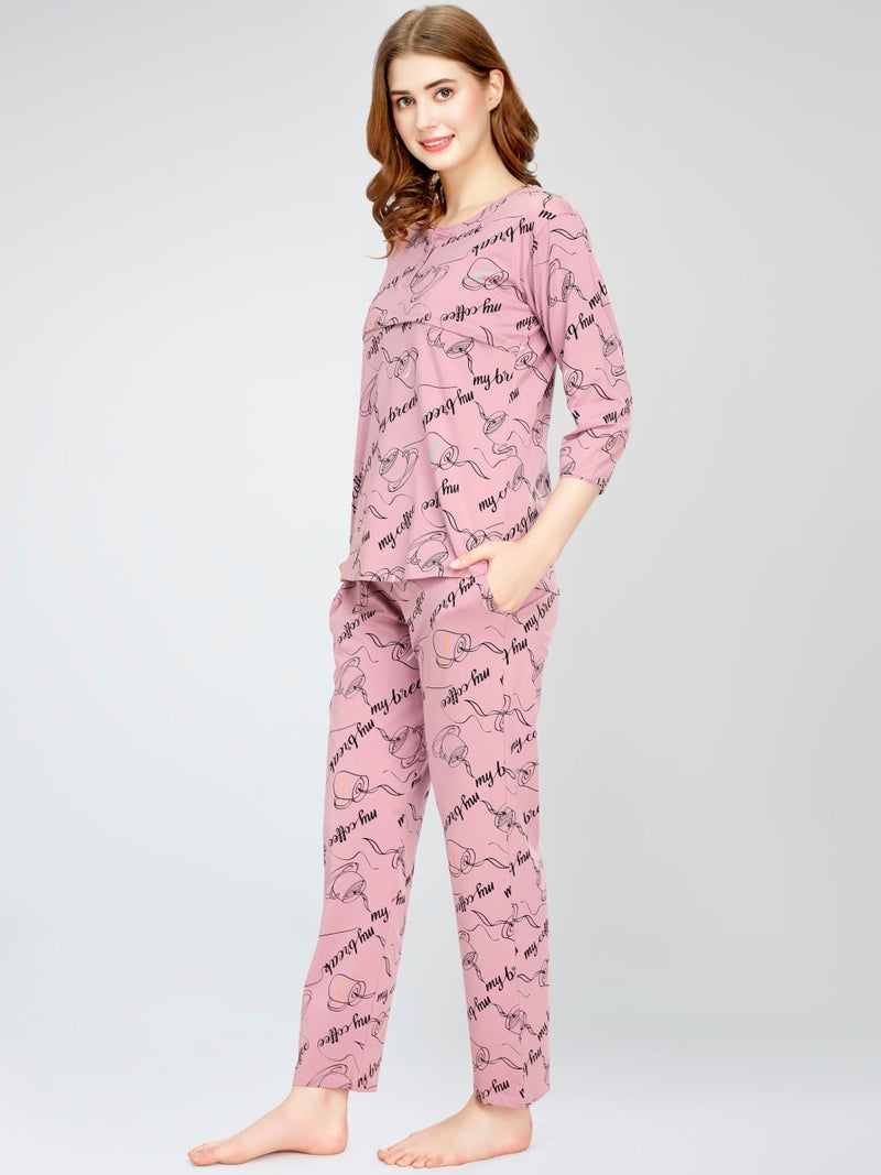 ZEYO Women's Cotton Cup & Saucer Printed Mauve Nursing & Maternity Night Suit Set of Top & Pyjama Feeding Night Dress 5799 - Image 4