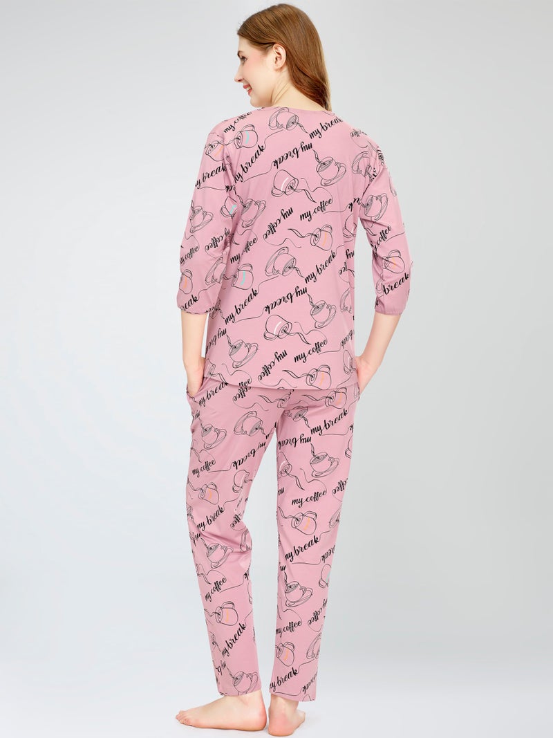 ZEYO Women's Cotton Cup & Saucer Printed Mauve Nursing & Maternity Night Suit Set of Top & Pyjama Feeding Night Dress 5799 - Image 5