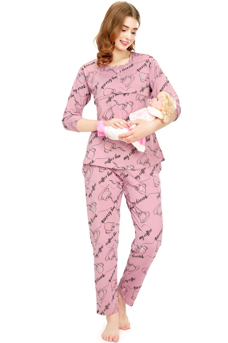 ZEYO Women's Cotton Cup & Saucer Printed Mauve Nursing & Maternity Night Suit Set of Top & Pyjama Feeding Night Dress 5799 - Image 1