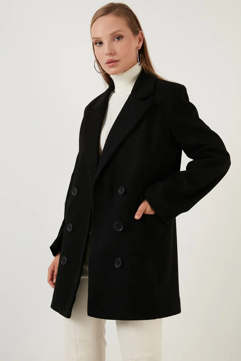 ليلا Oversize Double Buttoned Long Coat with Pockets Women's Coat 6230058