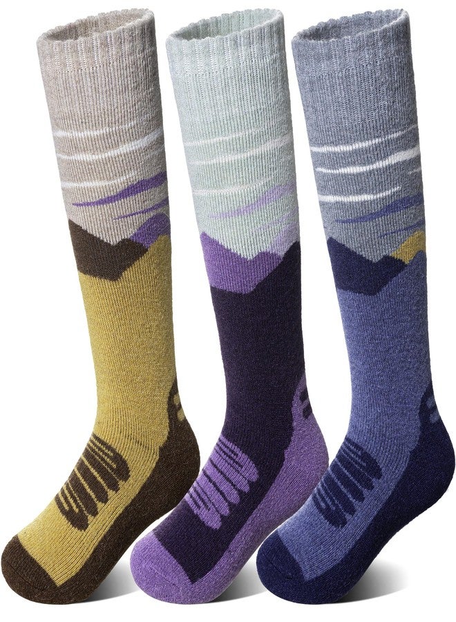 SeeyAN Kids Merino Wool Ski Socks Boys Girls Thermal Warm Boot Thick Winter 3 Pairs Cozy Socks For Skiing & Snowboarding (Purple/Blue/Brown, 8-12 Years) - Image 1