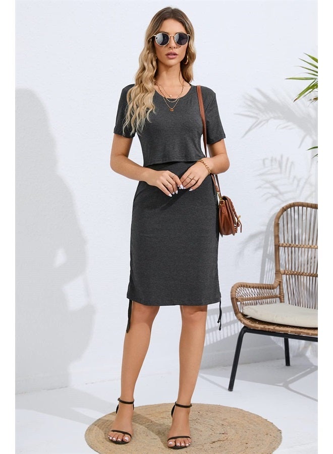 Sosolism 4 in 1 Women's Maternity Nursing T-Shirt Dress for Breastfeeding Solid Short Sleeve Top - Image 4