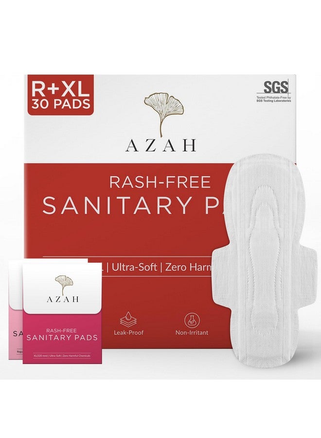 AZAH Sanitary Pads For Women (20 Reg + 10 Xl) [Pack Of 30] 100% Rash-Free Sanitary Napkins | 3X More Absorption, Cottony Soft And Dry Top Cover For Heavy Flow | Leak-Proof | With Disposable Bag - Image 1