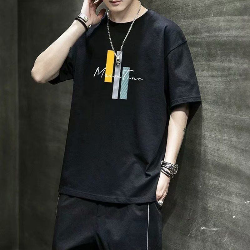 Short sleeve t-shirt mens 2023 New ins Korean style trendy fake two-piece T-shirt loose boys spring and summer wear half sleeve 730-Black 730-Black