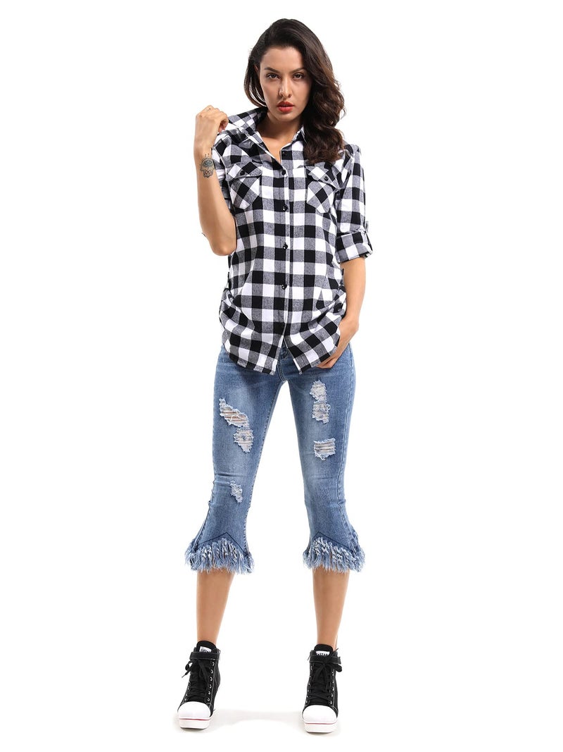 OCHENTA Women's Roll Up Sleeve Button Down Plaid Flannel Shirt Fall Casual Tops D055 Black White M - Image 4