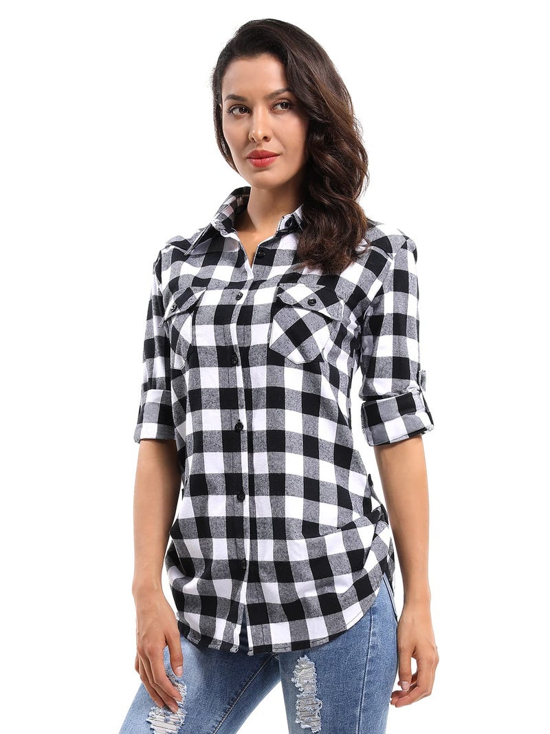 OCHENTA Women's Roll Up Sleeve Button Down Plaid Flannel Shirt Fall Casual Tops D055 Black White M - Image 2