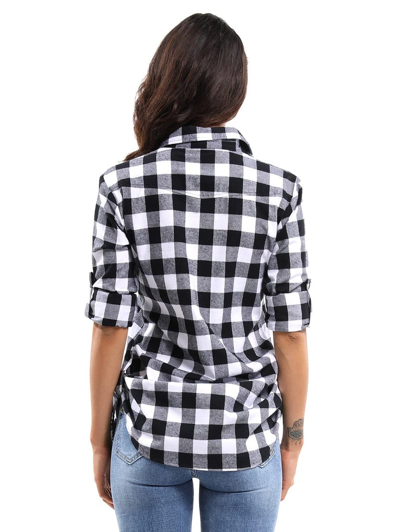 OCHENTA Women's Roll Up Sleeve Button Down Plaid Flannel Shirt Fall Casual Tops D055 Black White M - Image 3