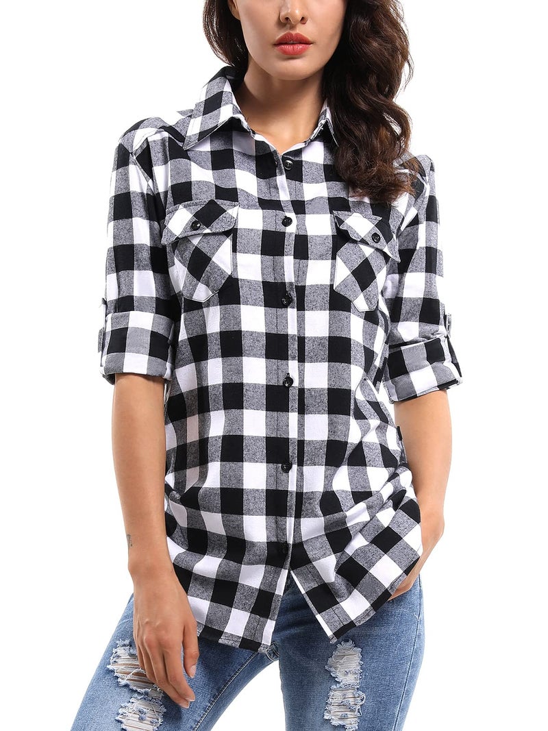 OCHENTA Women's Roll Up Sleeve Button Down Plaid Flannel Shirt Fall Casual Tops D055 Black White M - Image 1