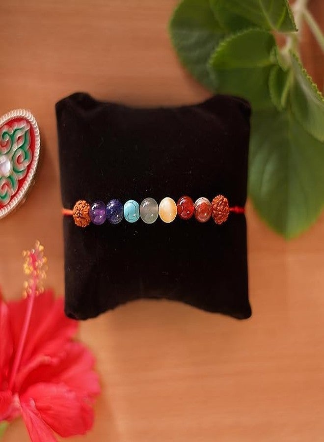 DEVAMA THE DIVINE Handmade Artwork Gemstone Rakhi for Brother, Bhaiya Bhabhi, Beads Bracelet Rakhi, Self Love, Friendship, Deep Inner Healing (Pack of 1) (Seven Chakra with Rudarksha Rakhi) - Image 2