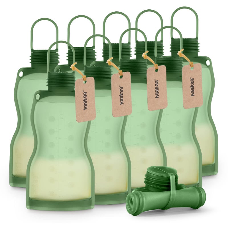 haakaa Silicone Breast Milk Storage Bag 9 oz- Reusable Milk Collector Freezer Bag for Breastfeeding Mom - Baby Food Storing Yummy Pouch - Breast Pump Bag - Self Standing -Leakproof - 10PK - Image 1