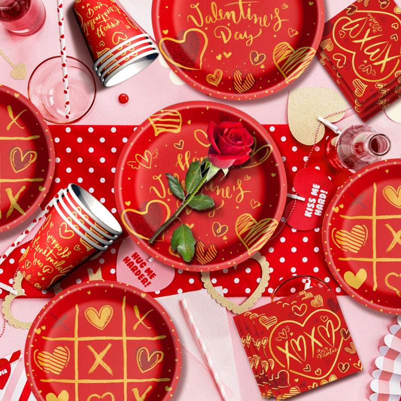 Baolaiballoon Valentine'S Day Party Supplies Tableware Set Red Heart Love Paper Plates Napkins Cups Tablecloth Banner For Valentine'S Day Party Decorations  Serves 24 - Image 3